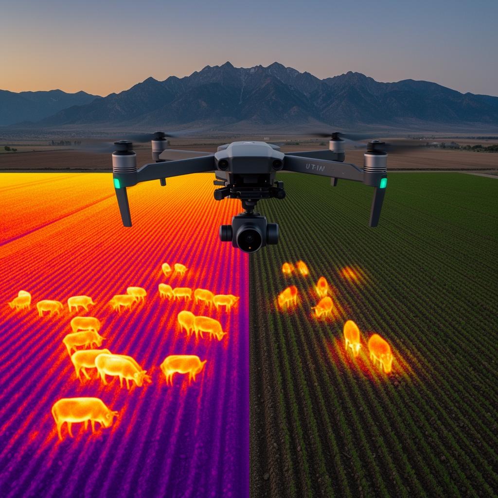 Drone capturing aerial thermal imaging over a Utah farm, revealing heat signatures of livestock and crop variations
