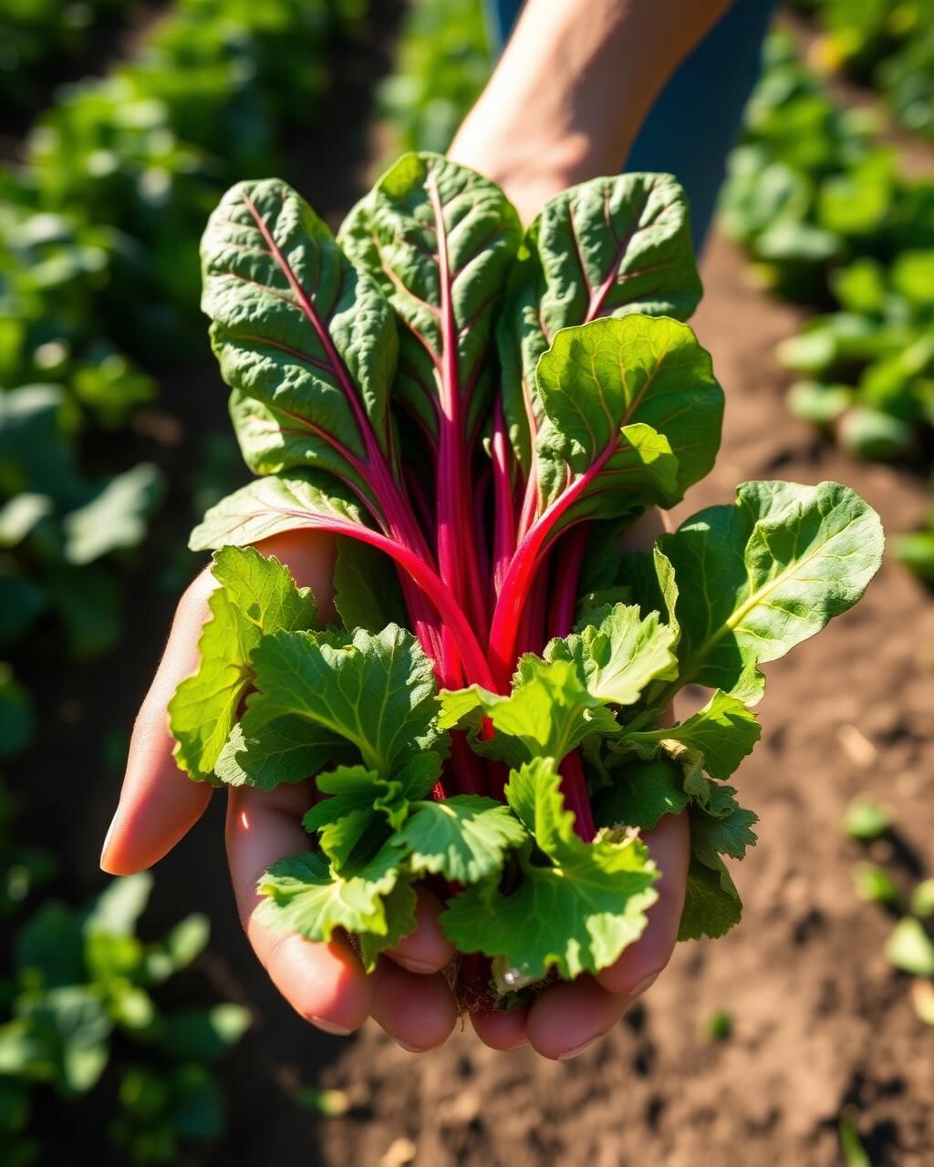 Hands holding freshly harvested rainbow chard