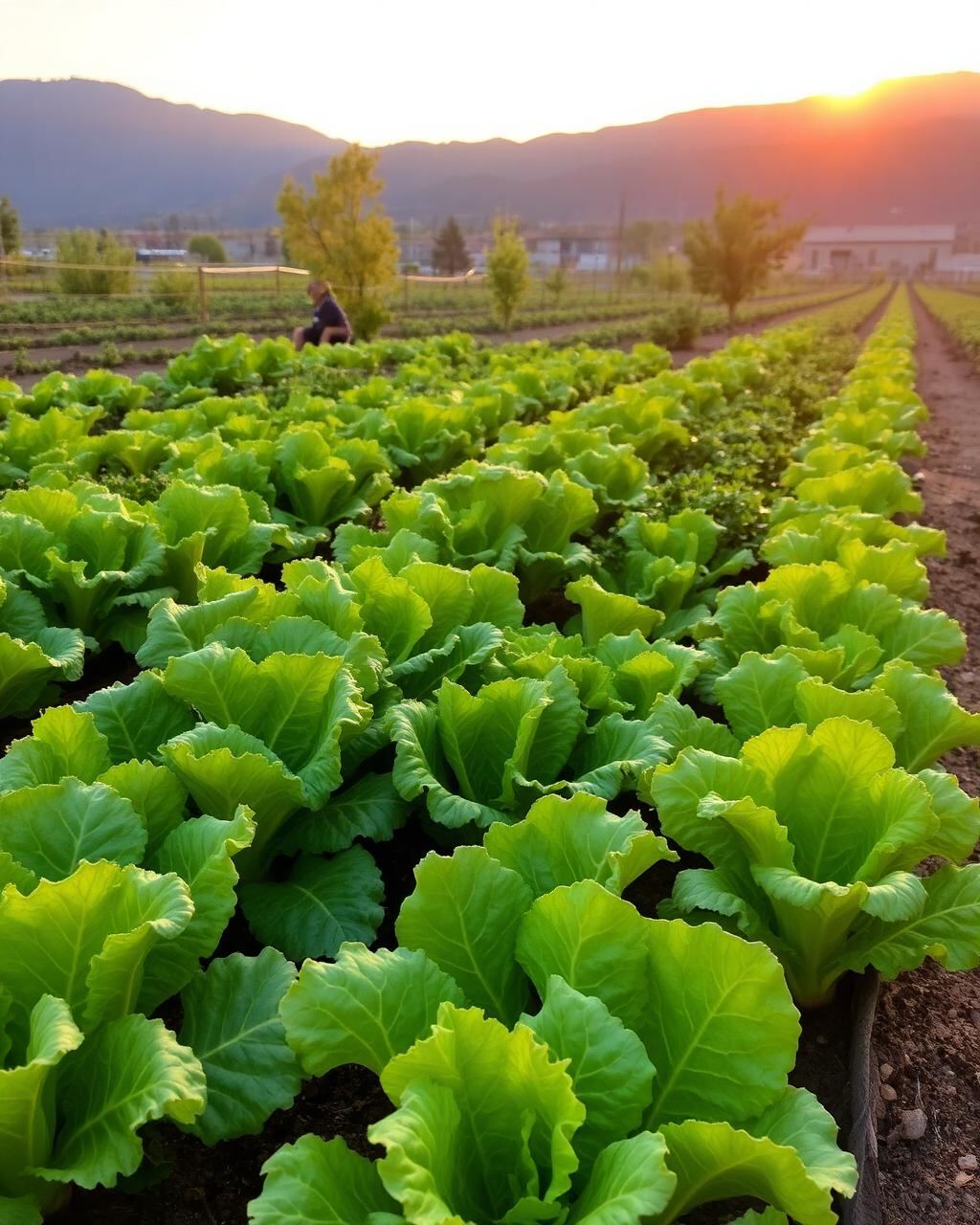 Rows of lettuce at sunset with mountains