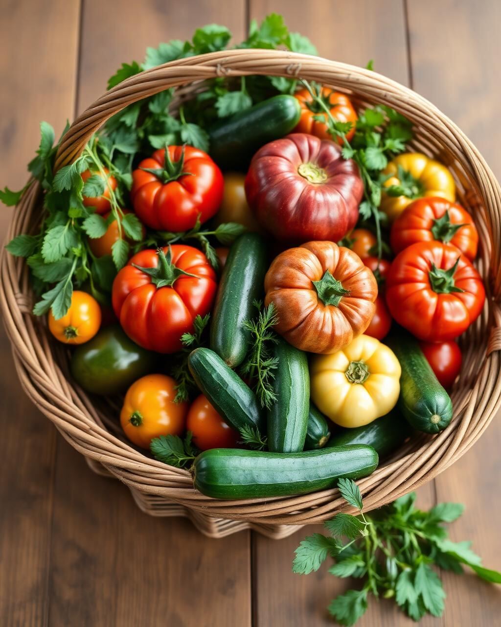 Basket of heirloom tomatoes and herbs
