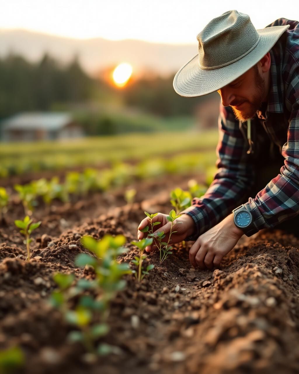 Farmer tending seedlings at sunrise